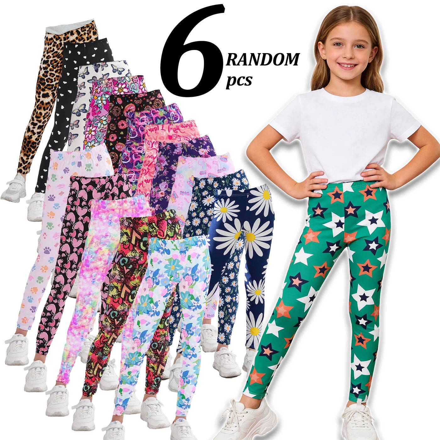 Girls Six Pack Flower Print Leggings Set For School