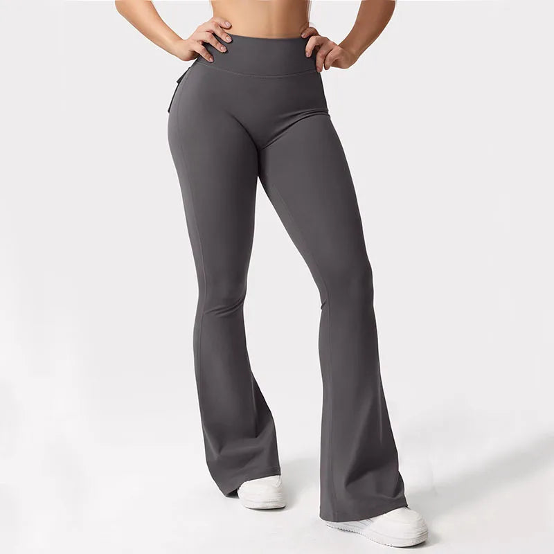 Women Yoga Flare Trousers High Waist Wide Leg With Pockets