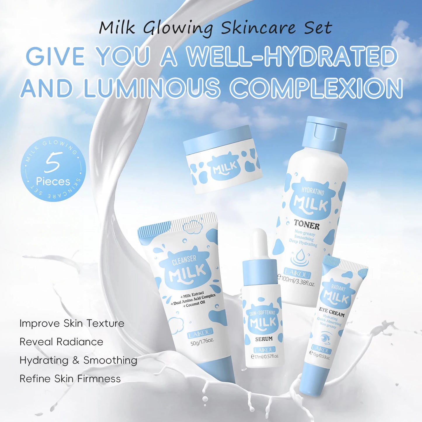 LAIKOU Milk Glowing Skincare Set Hydration Brightening Anti Age