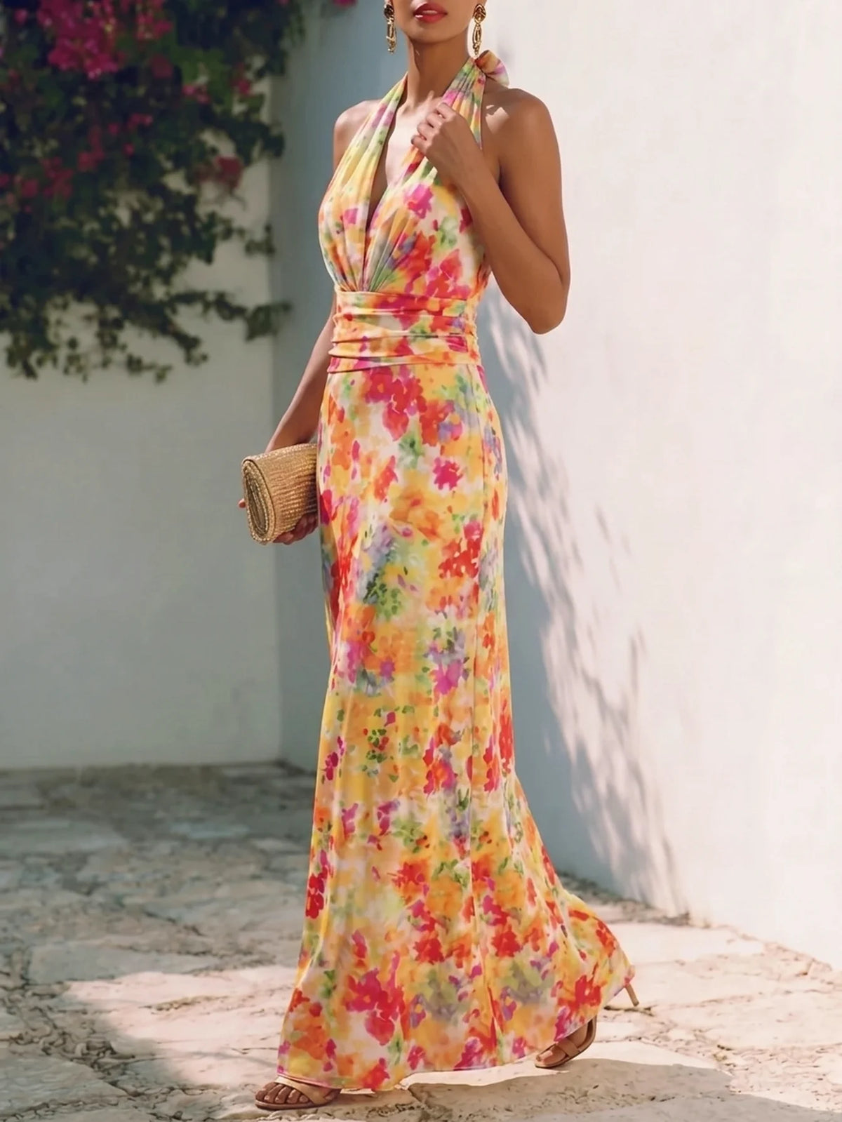 Women's Halter V Neck Sleeveless Maxi Dress Floral Watercolor Print Ruched Waist Bodycon Fit Side Split Long Ladies Dress