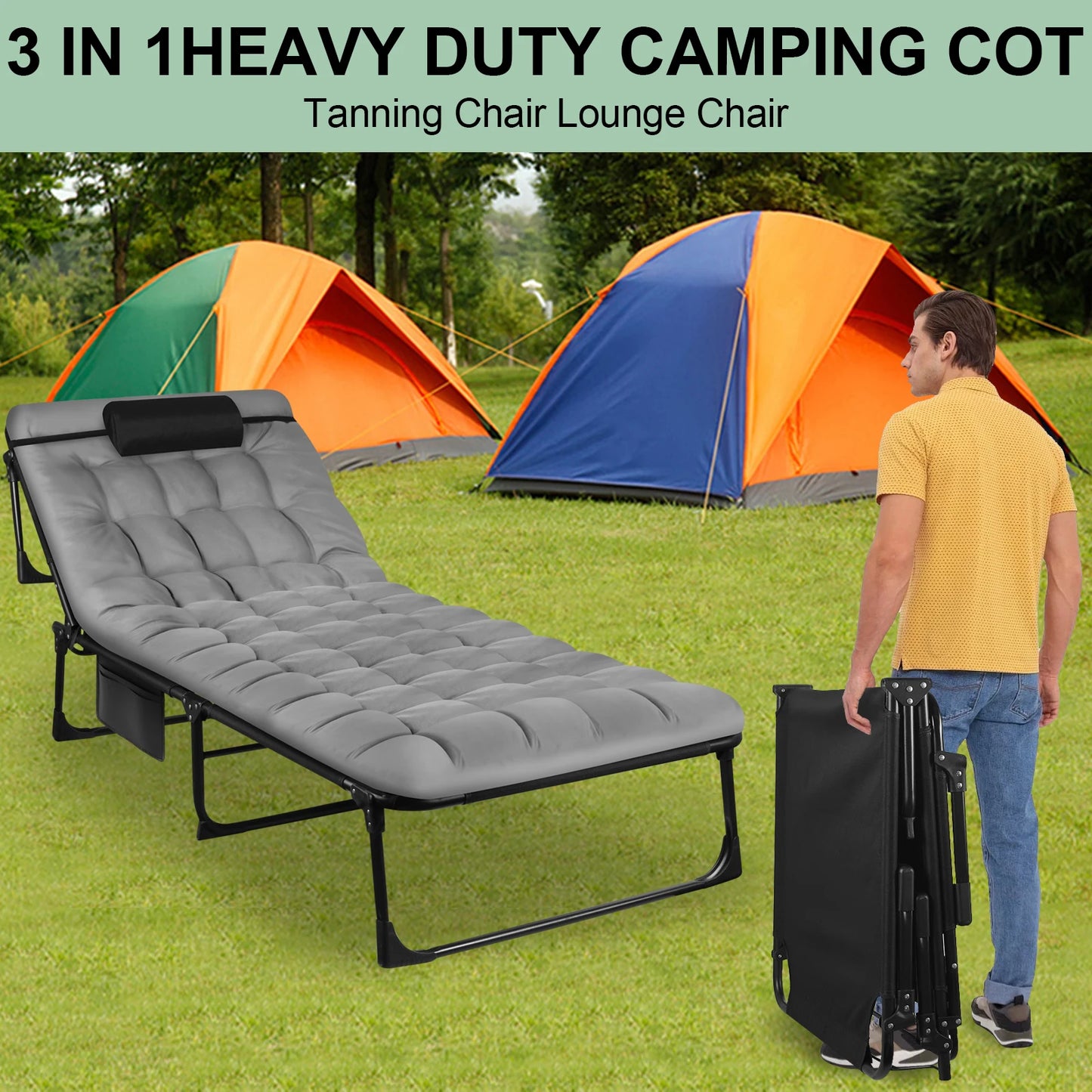 Portable Folding Camping Cot With 3 Position Reclining Lounge Chair
