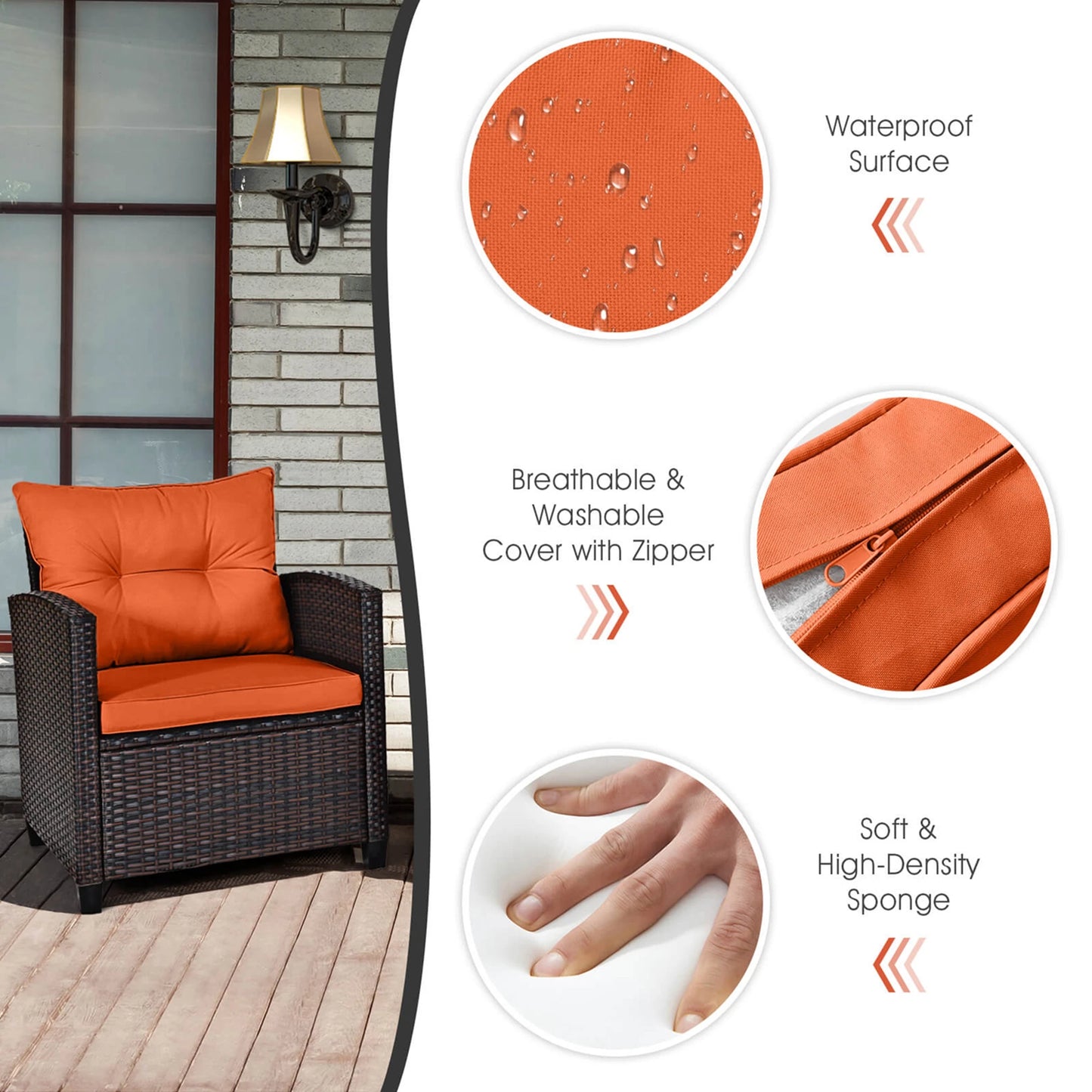 3 PCS Patio Rattan Furniture Set Cushioned Conversation Set Sofa Orange - Louie's Joint