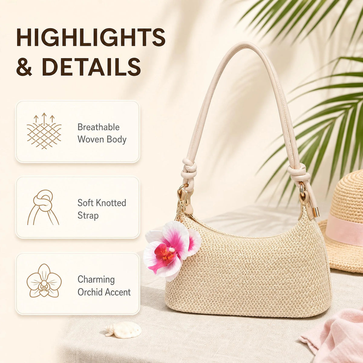 Women's Underarm Shoulder Bag, Square Bag, PU Rope Flower Pendant, Large Capacity, Lightweight, Casual Fashionable Beach Vacation Style, Suitable For Shopping And Vacation , Beach Bag