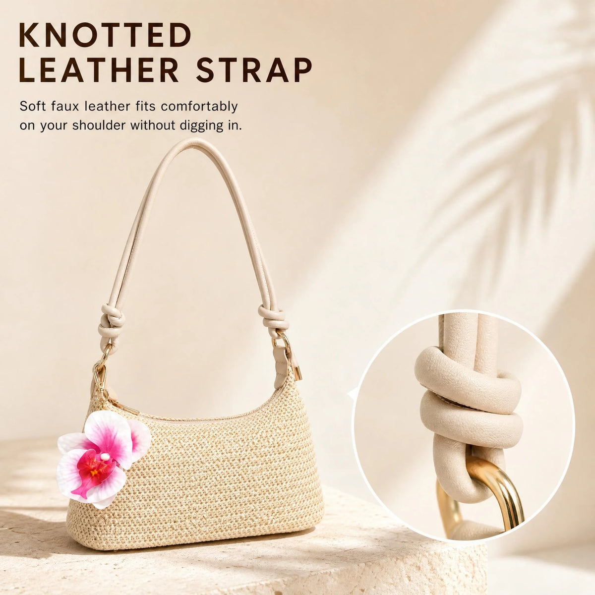 Women's Underarm Shoulder Bag, Square Bag, PU Rope Flower Pendant, Large Capacity, Lightweight, Casual Fashionable Beach Vacation Style, Suitable For Shopping And Vacation , Beach Bag