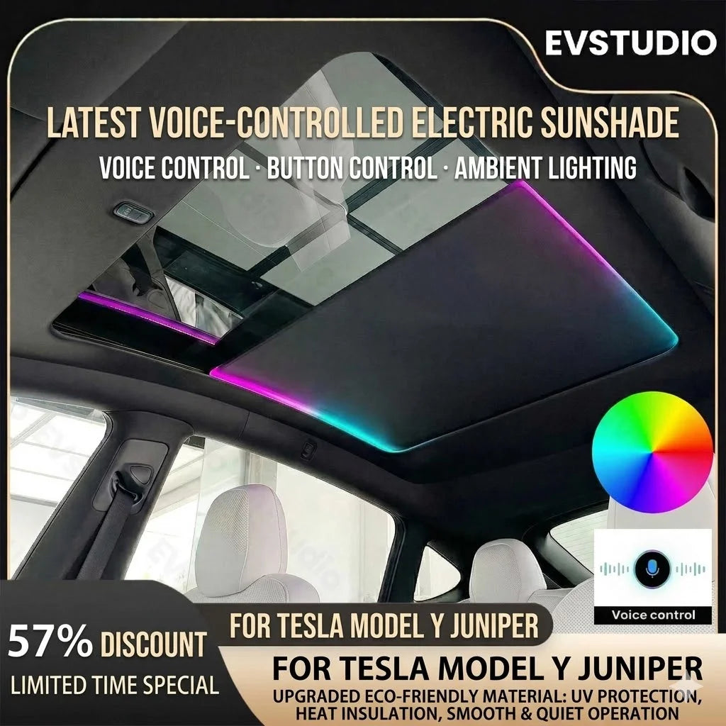 Smart Voice Control Electric Power Sunshade for Tesla Model Y/Y Juniper 2026 Integrated Retractable Sun Visor with Ambient Light - Louie's Joint 