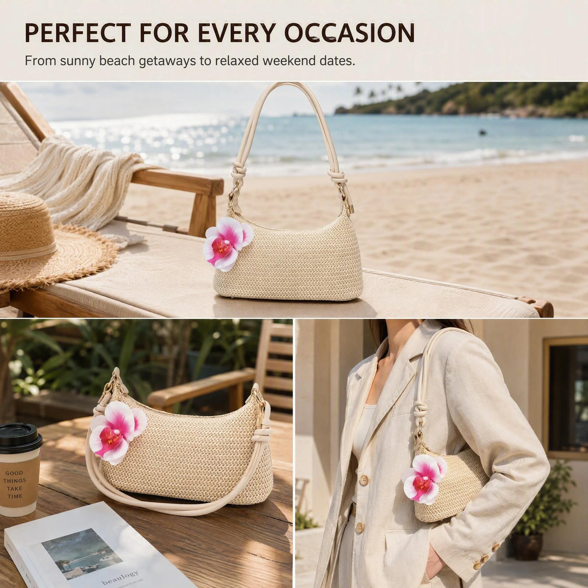 Women's Underarm Shoulder Bag, Square Bag, PU Rope Flower Pendant, Large Capacity, Lightweight, Casual Fashionable Beach Vacation Style, Suitable For Shopping And Vacation , Beach Bag