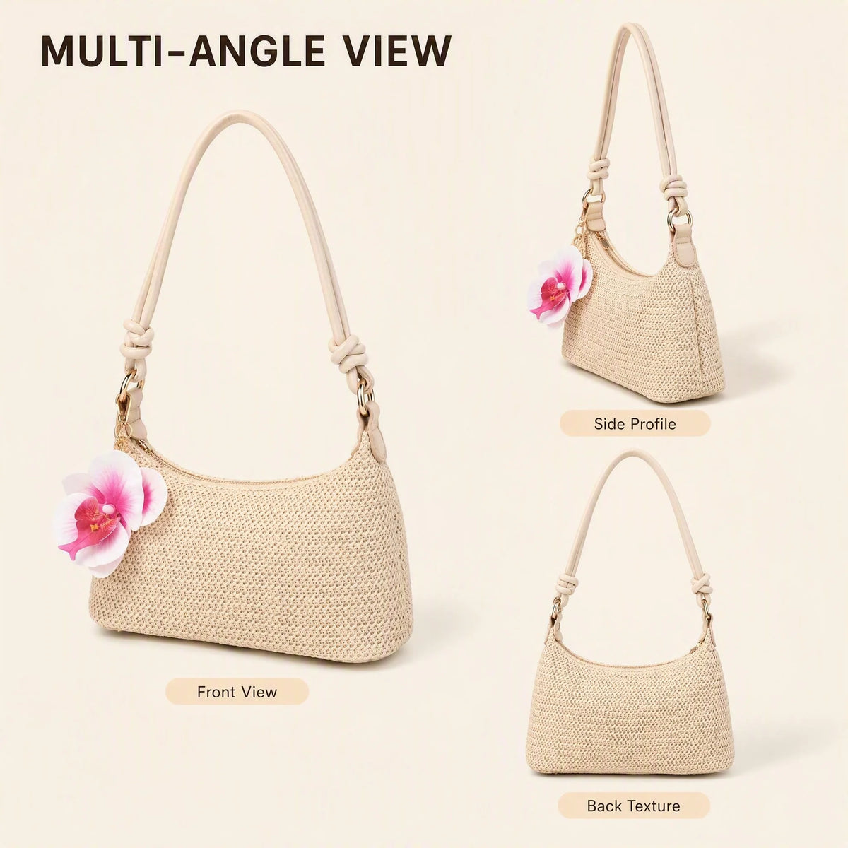 Women's Underarm Shoulder Bag, Square Bag, PU Rope Flower Pendant, Large Capacity, Lightweight, Casual Fashionable Beach Vacation Style, Suitable For Shopping And Vacation , Beach Bag