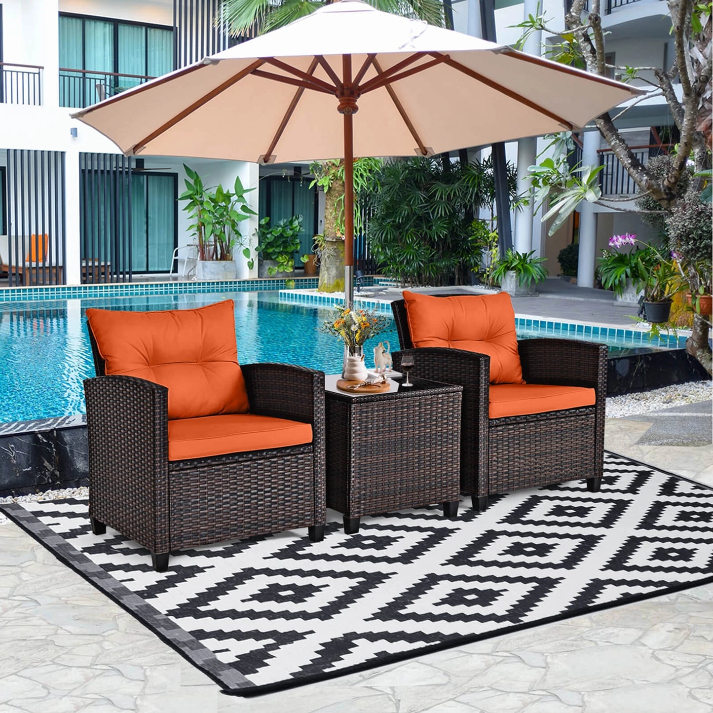 3 PCS Patio Rattan Furniture Set Cushioned Conversation Set Sofa Orange - Louie's Joint 