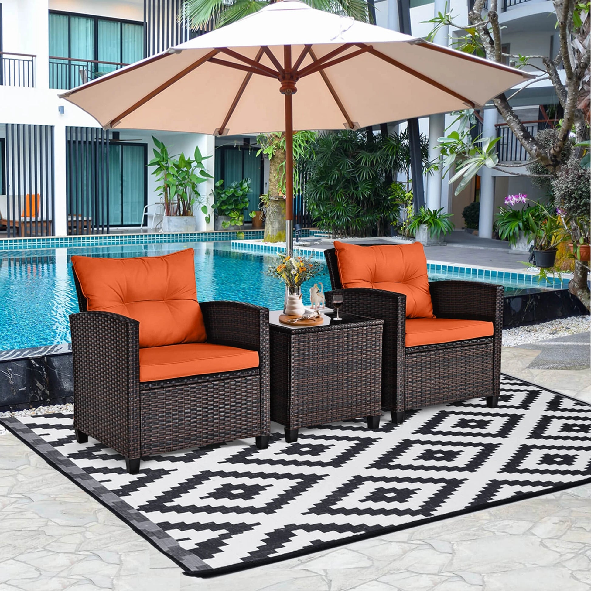3 PCS Patio Rattan Furniture Set Cushioned Conversation Set Sofa Orange - Louie's Joint 