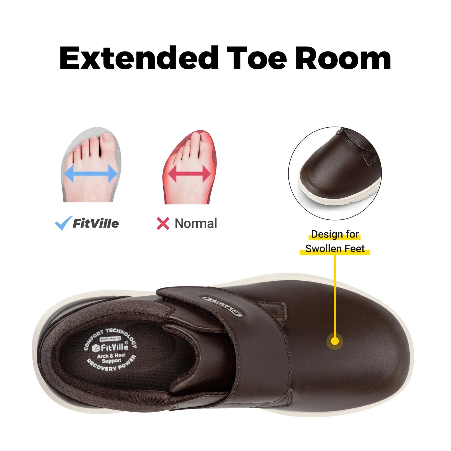 FitVille Men's Wide Leather Shoes Diabetic Shoes Slip On Shoes for Orthopedic Toes Swollen Feet Non-Slip Lightweight