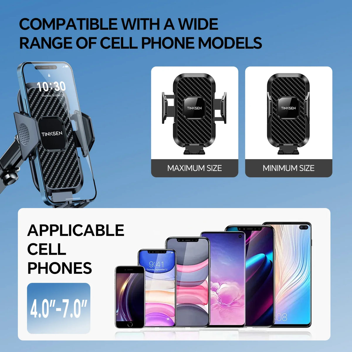 TINKSEN upgraded car phone holder, a universal car phone holder suitable for dashboard, compatible with iPhone, Samsung and all Android smartphones