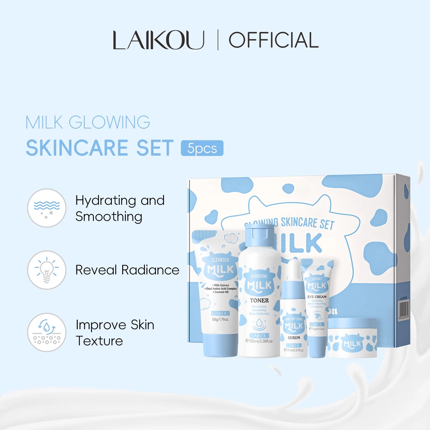 LAIKOU Milk Glowing Skincare Set Hydration Brightening Anti Age
