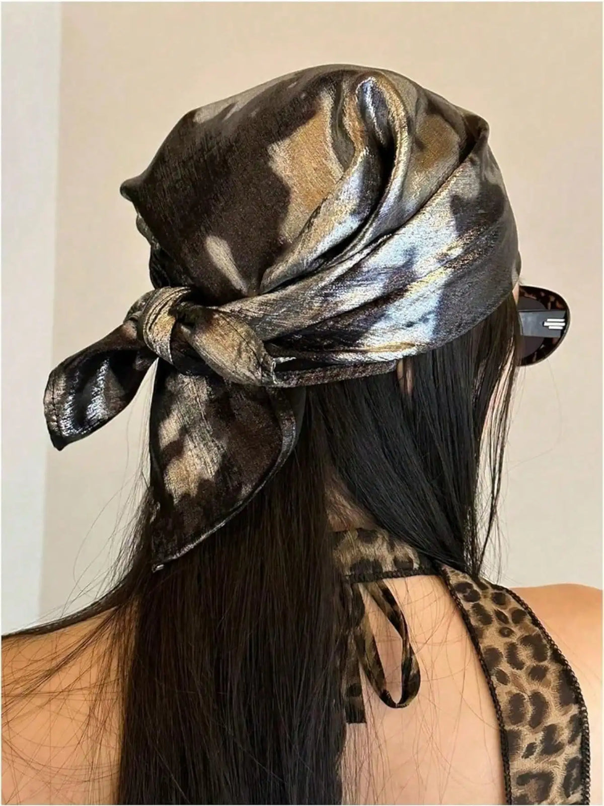 90s Vintage Metallic Leopard Print Tie Back Bandana, Y2K Hip Hop Head Wrap Turban, Women Fashion Headwear Accessory