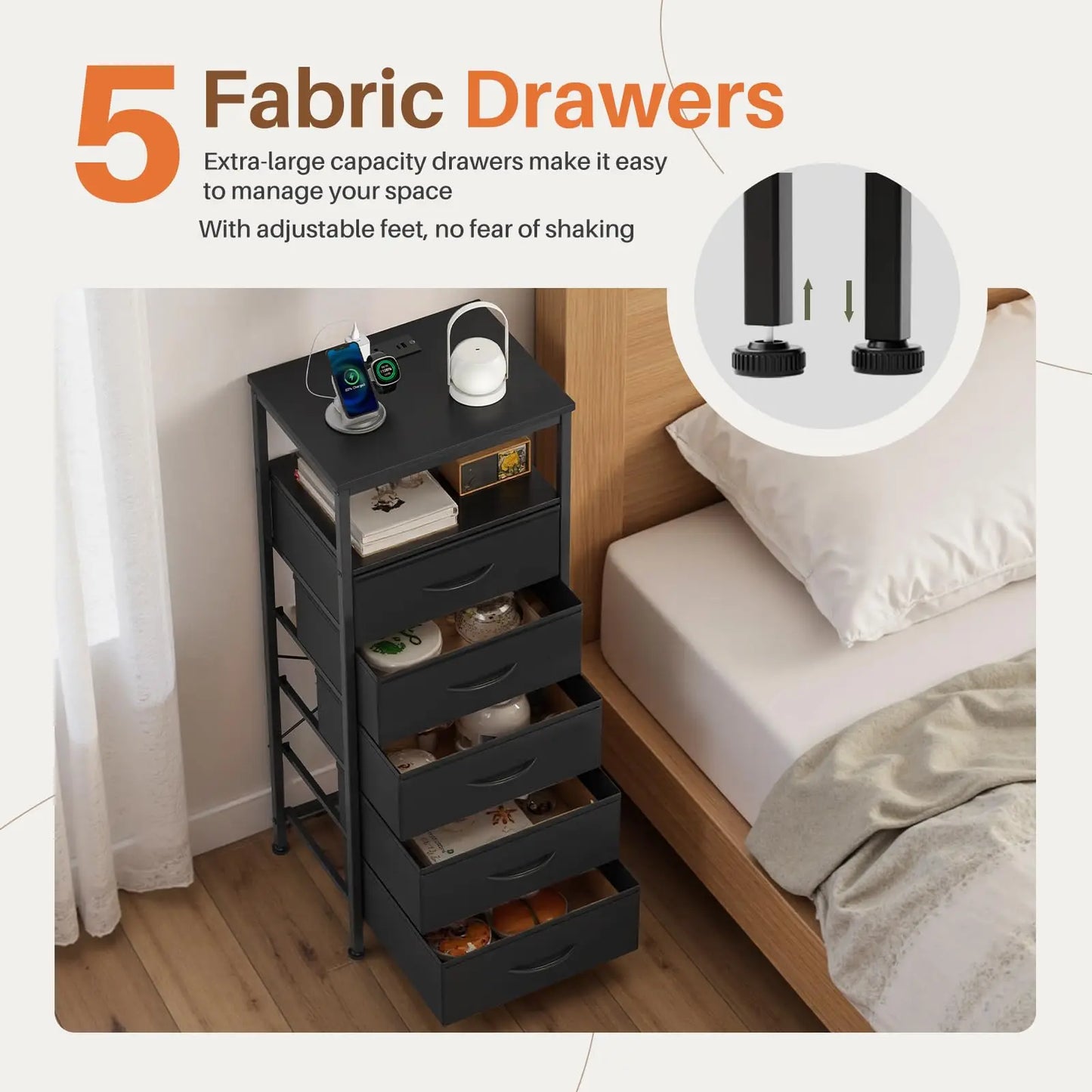 JHK 5 Fabric Drawers Dresser For Bedroom Nightstand with Charging Station and Outlets Adjustable Feet and Variable Light Strip
