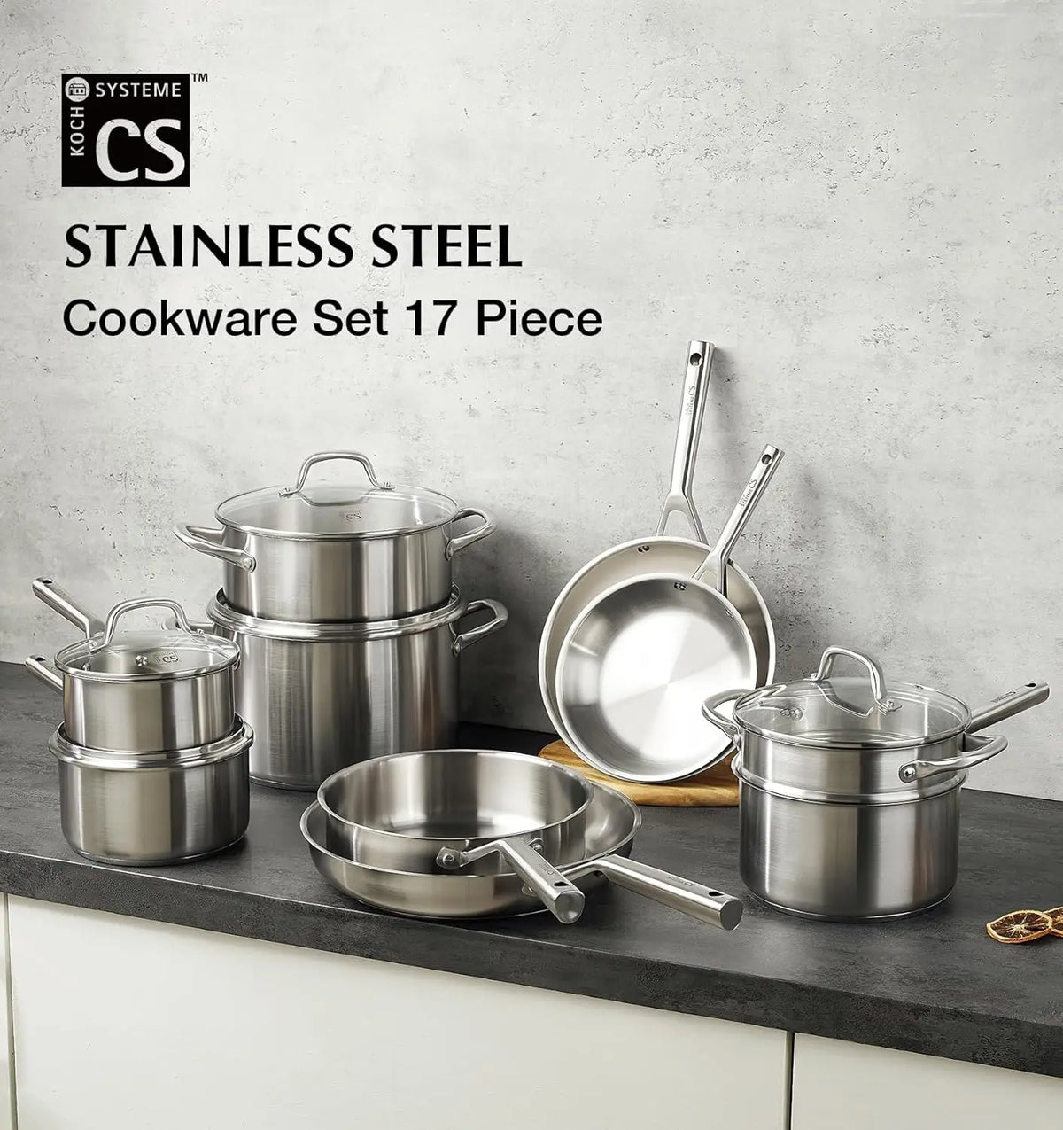 Stainless Steel Cookware Set 17 Piece, Professional 18/10 Stianless Steel Pots and Pans Set, 5-Layer Base, Oven & Induction Safe