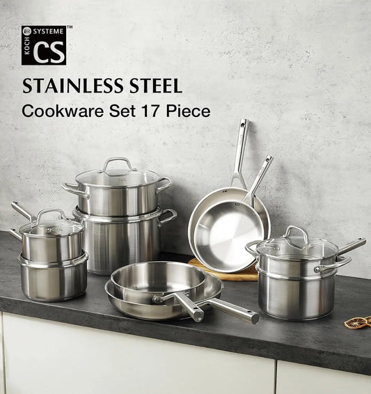 Stainless Steel Cookware Set 17 Piece, Professional 18/10 Stianless Steel Pots and Pans Set, 5-Layer Base, Oven & Induction Safe