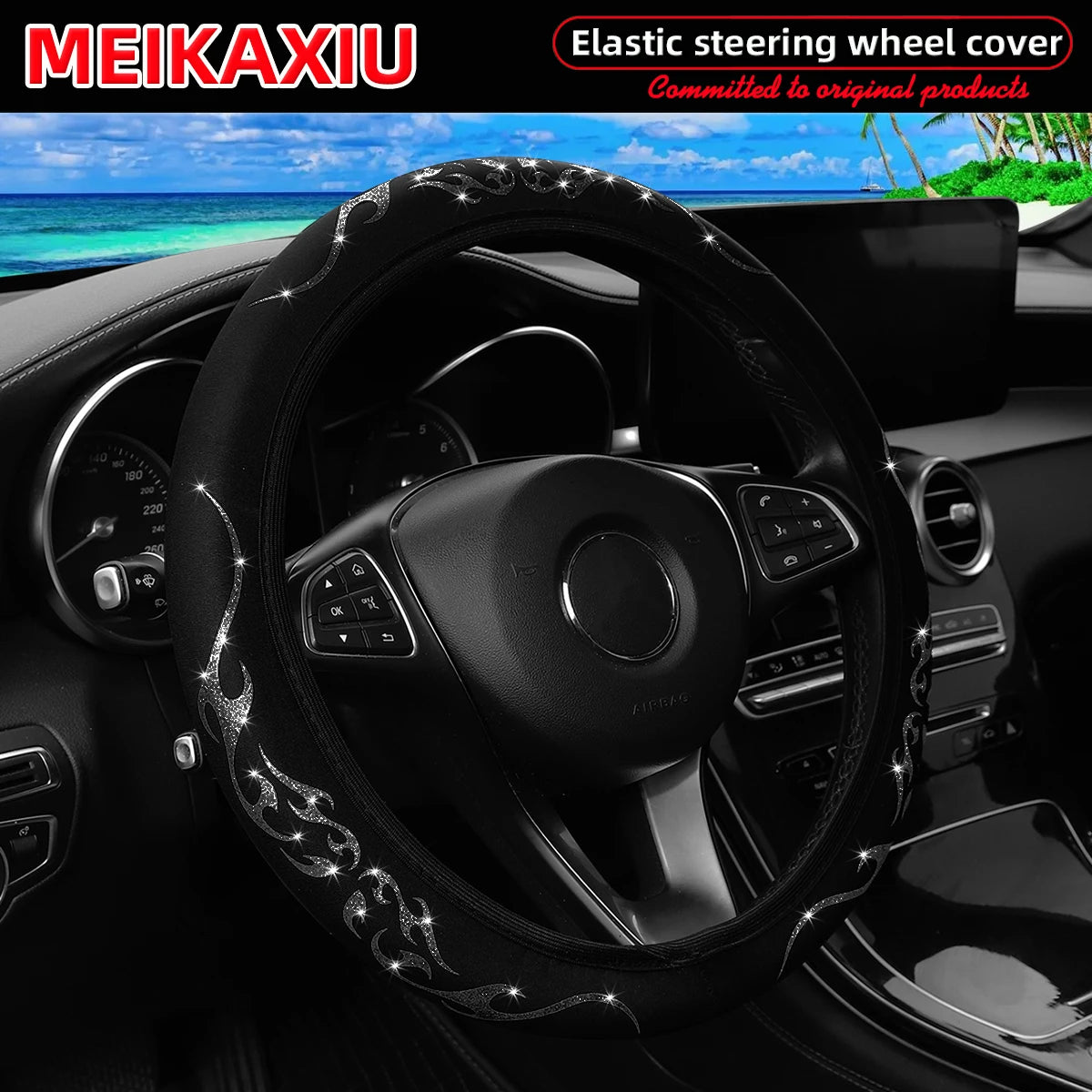 A Blingbling Flame Totem dynamic fabric car without inner ring steering wheel cover fits 14.5-15 inch automotive supplies - Louie's Joint 