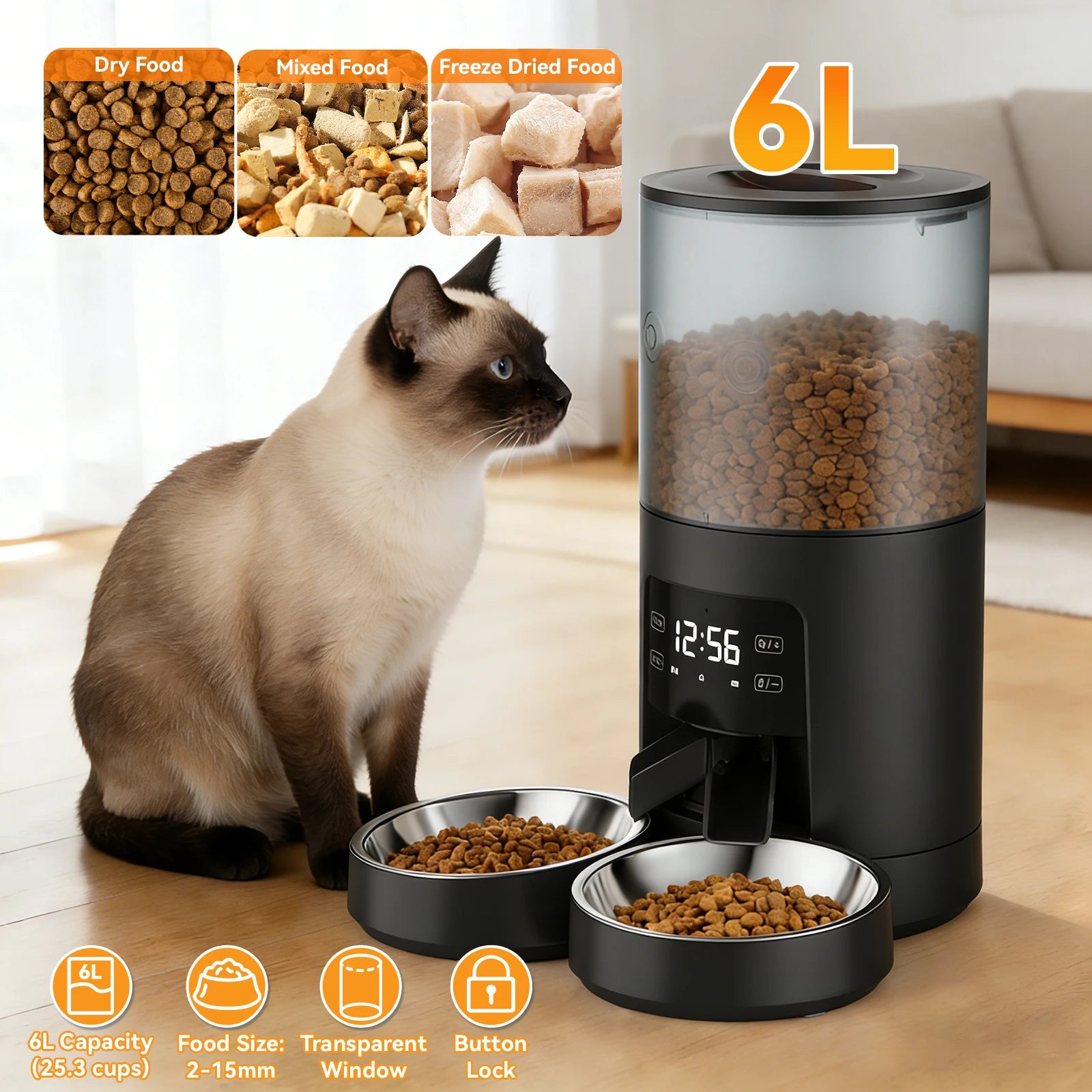 JHK 6L Automatic Cat Feeder with 2 Stainless Bowls Timed Cat Food Dispenser Dual Power Supply Dual Pet Feeder for Cat and Dog - Louie's Joint 