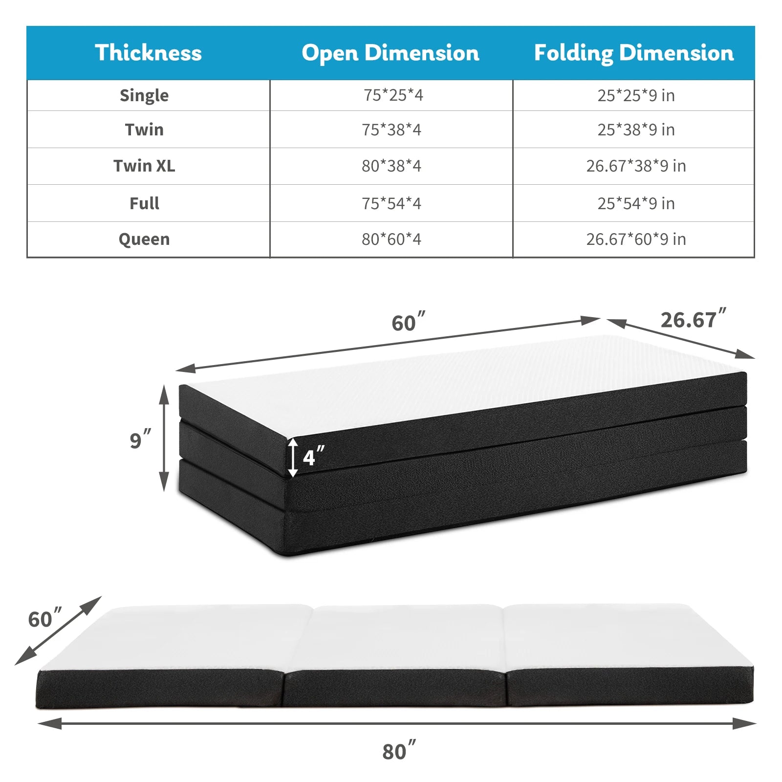 JHK Tri-Fold Memory Foam Mattress with Collapsible and Washable Cover Portable Floor Bed with CertiPUR-US Certified for Travel - Louie's Joint 