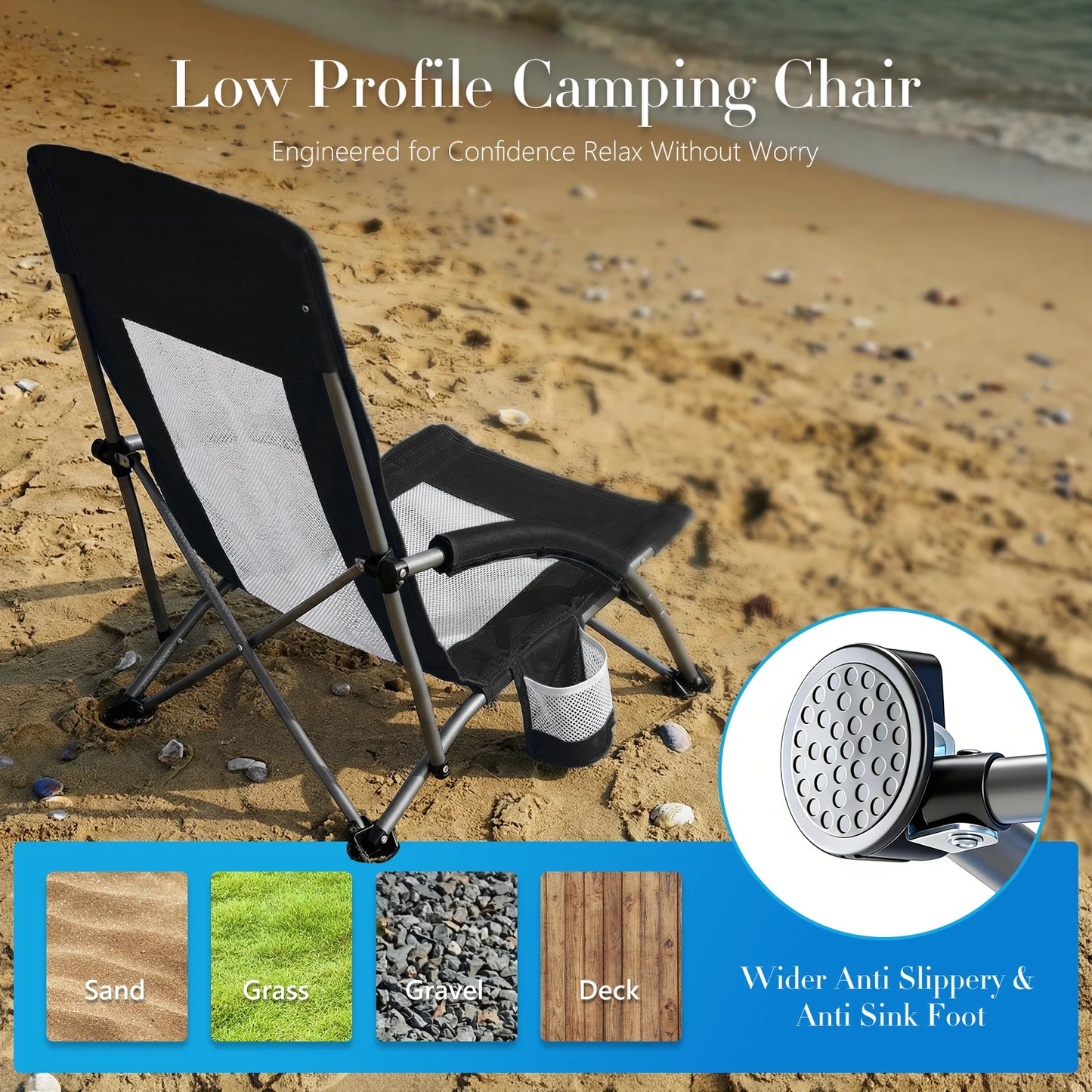 JHK Outdoor Portable Low Beach Camping Chair Folding Chair with Cup Holder Padded Armrests Sturdy Steel Frame Picnic Chair
