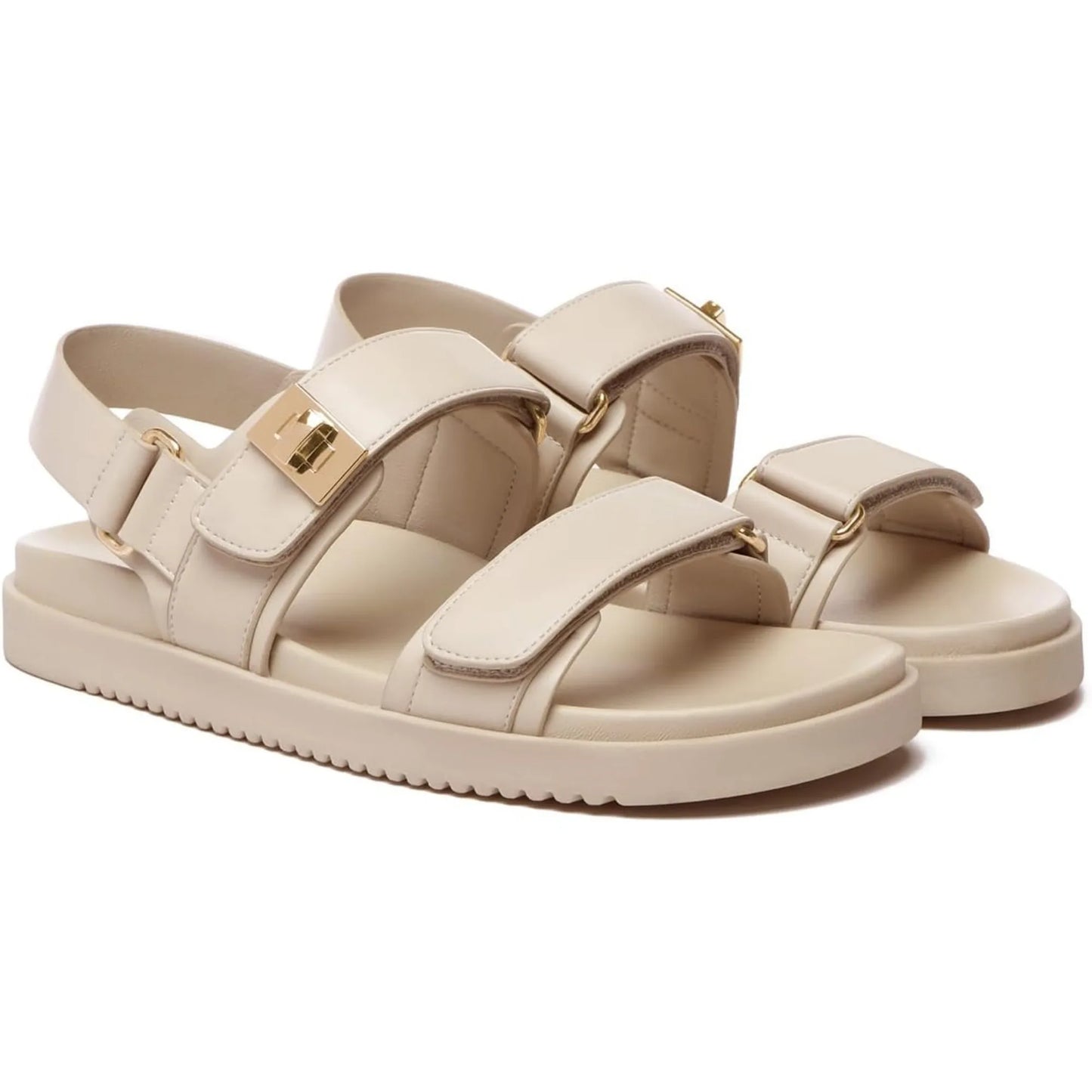 Women's Leather Flat Sandals With Adjustable Double Strap Comfort Footbed