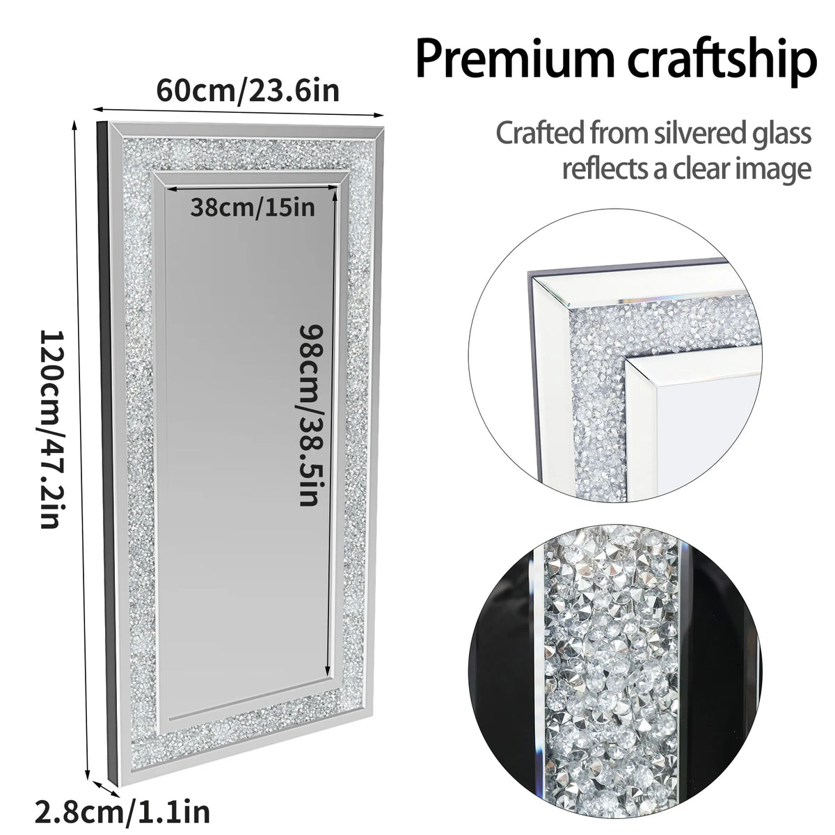 48' X 24' Crush Diamond Wall Mirror Large Decorative Glam Silver Vanity with Beveled Glass Sparkly Crystal Frame Edge