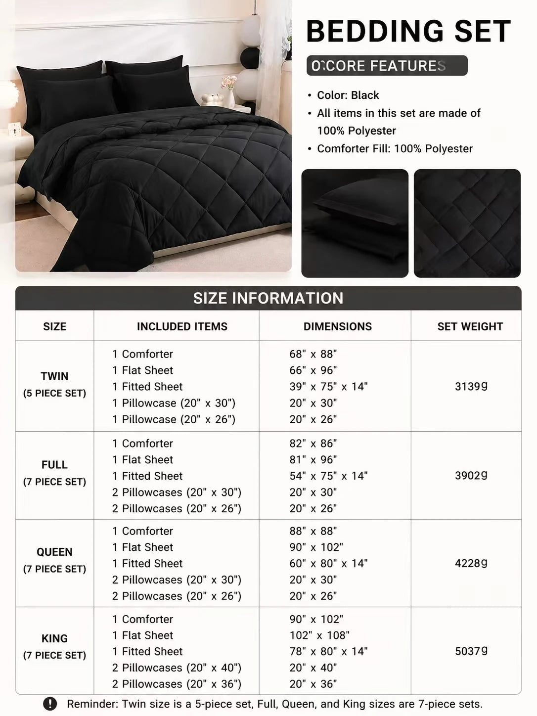 EasYum Seven Piece Bedding Set 100 Percent Polyester Comforter