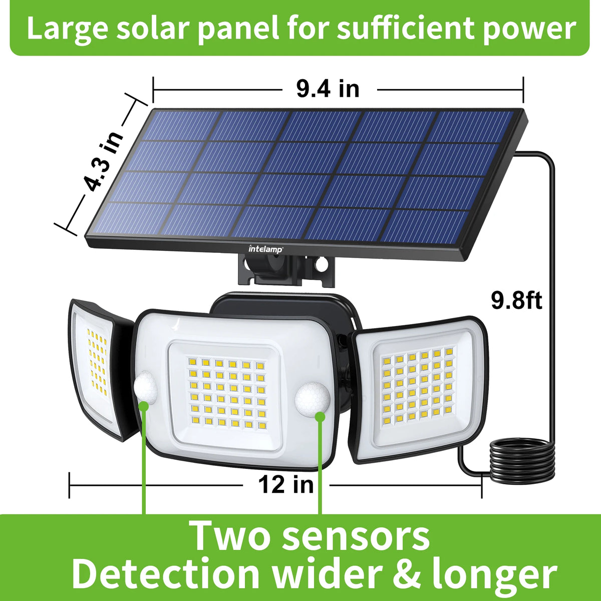 Intelamp Long Battery Life 6000mAh Outdoor Solar LED Light With Large Solar Panel Two Sensors 2.7M Cable For Garage Garden Yard