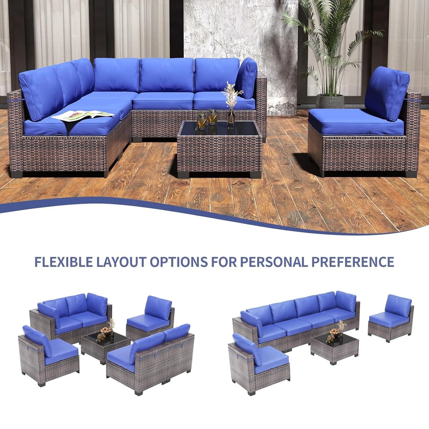 7-Piece Modular Outdoor Furniture Set, PE Rattan Wicker Sectional Modular Conversation Sofa Set, Perfect For Garden Balcony - Louie's Joint 