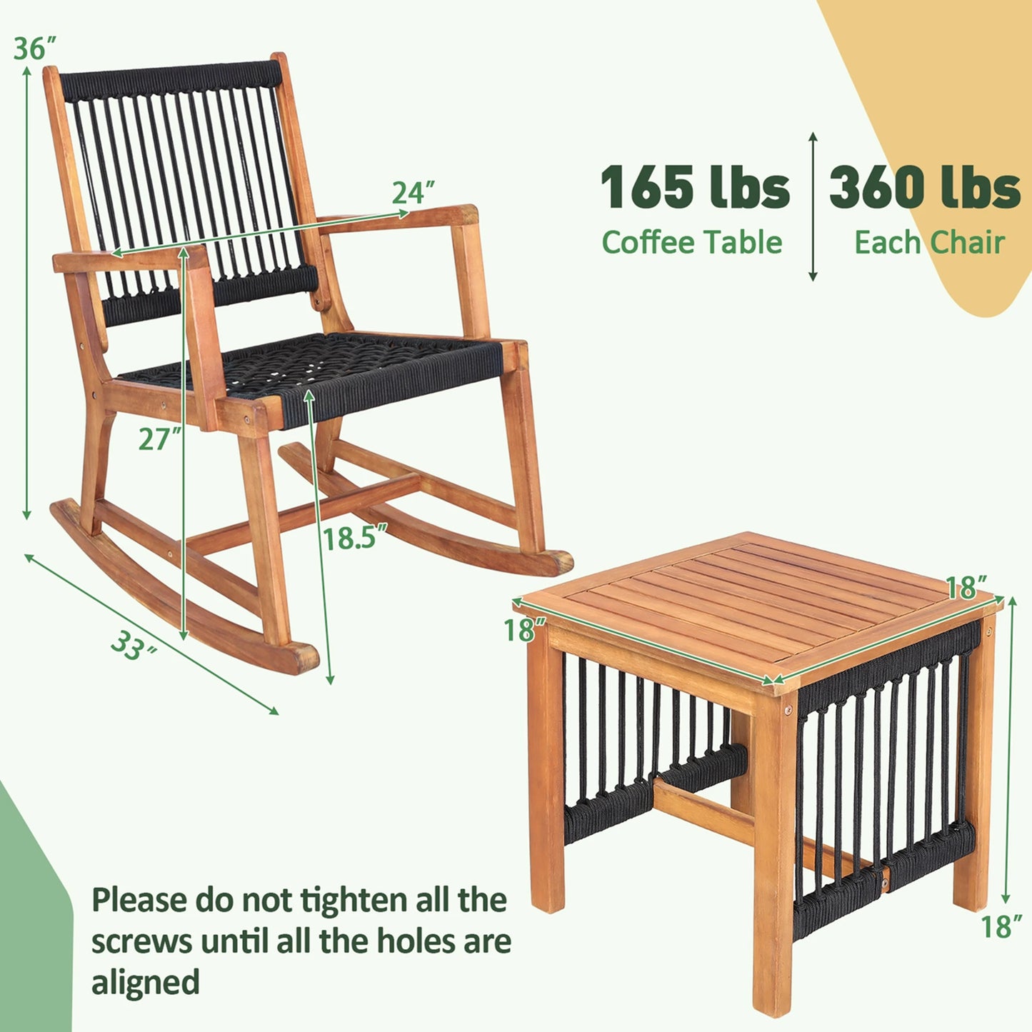 HOMASIS 3 Piece Acacia Wood Patio Bistro Table And Rocking Chairs Set