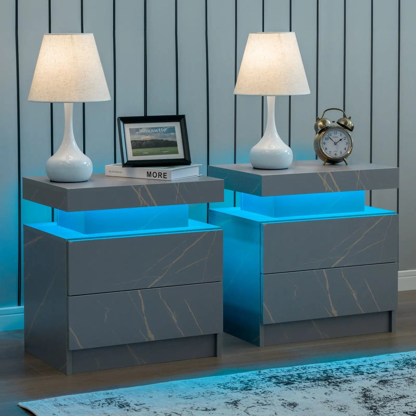 Cubehom Nightstand Pair With LED Drawers Bedside Tables