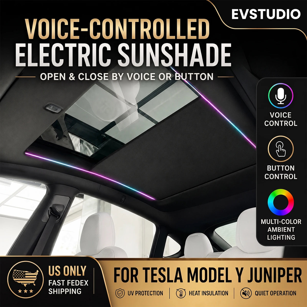 Smart Voice Control Electric Power Sunshade for Tesla Model Y/Y Juniper 2026 Integrated Retractable Sun Visor with Ambient Light