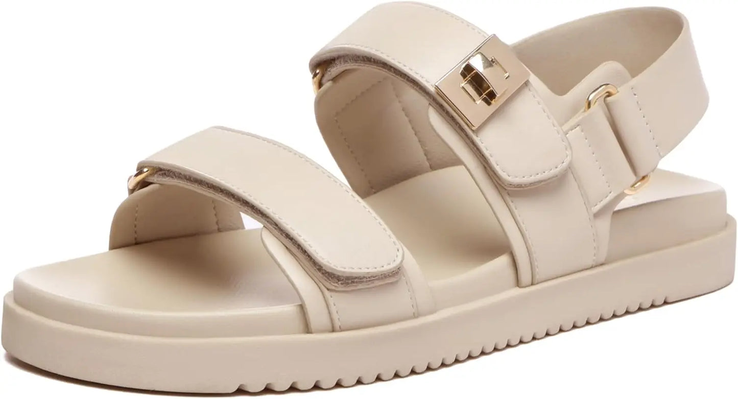 Women's Leather Flat Sandals With Adjustable Double Strap Comfort Footbed