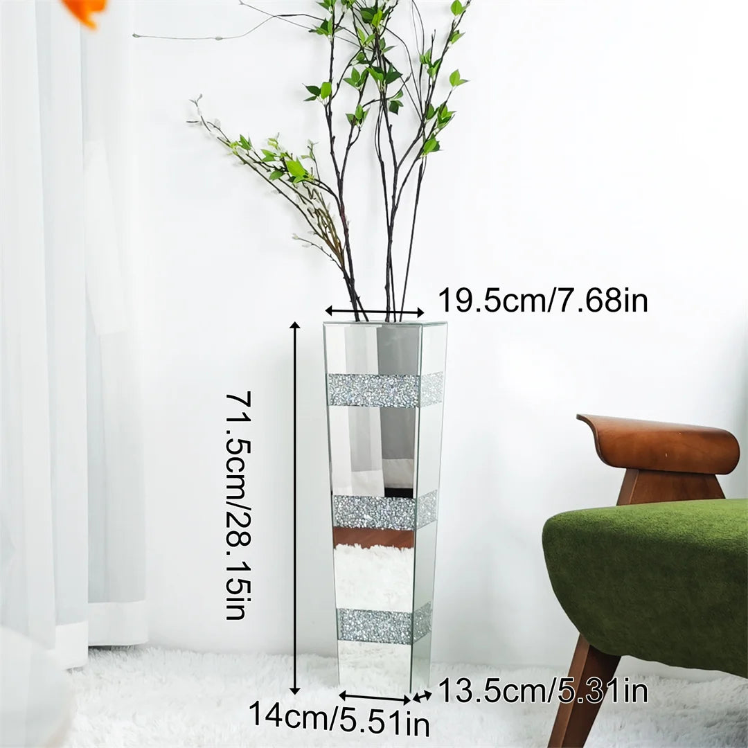 Modern Floor Vase Mirrored Silver Standing Flower Vase With Crystals