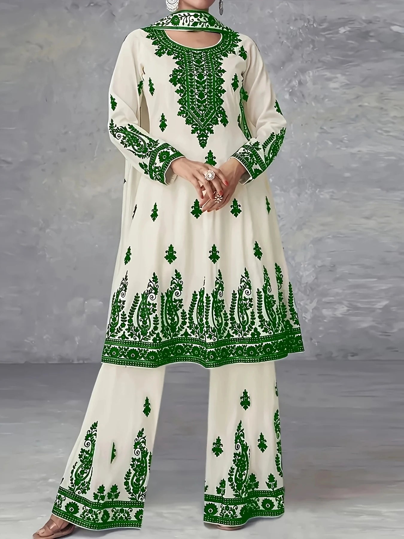 Plus Size Women's Off-White and Black Printed Three-Piece Set Ethnic Style Crew Neck Long Top Wide-Leg Pants and Headscarf Set