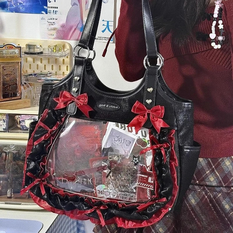 Luxury Design Ruffled Lolita Women Handbags Punk Gothic Bow Underarm Bag Transparent Sweet Lace Shoulder Ita Bags Y2k Aesthetic - Louie's Joint 