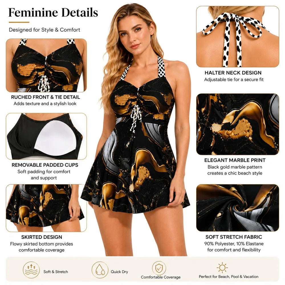Women Swim Dress Halter V Neck Black Gold Marble Print Ruched Front Tie Skirted Swimsuit Soft Stretch Beach Pool Vacation Wear - Louie's Joint 