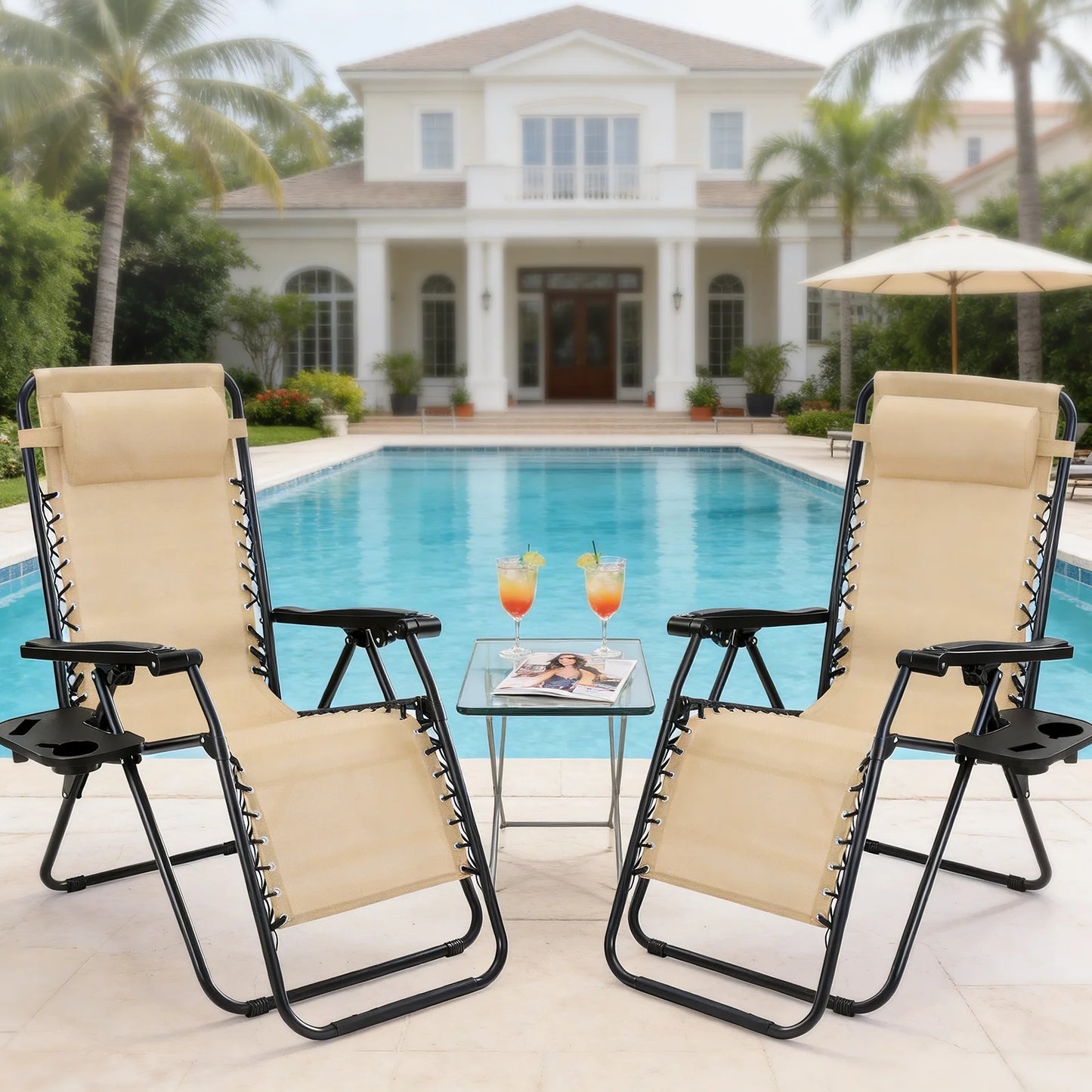 JHK Portable Zero Gravity Recliner Chairs Set of 2 Outdoor Garden Folding Lounge Chair with Cup Holder Trays Adjustable Pillow - Louie's Joint 