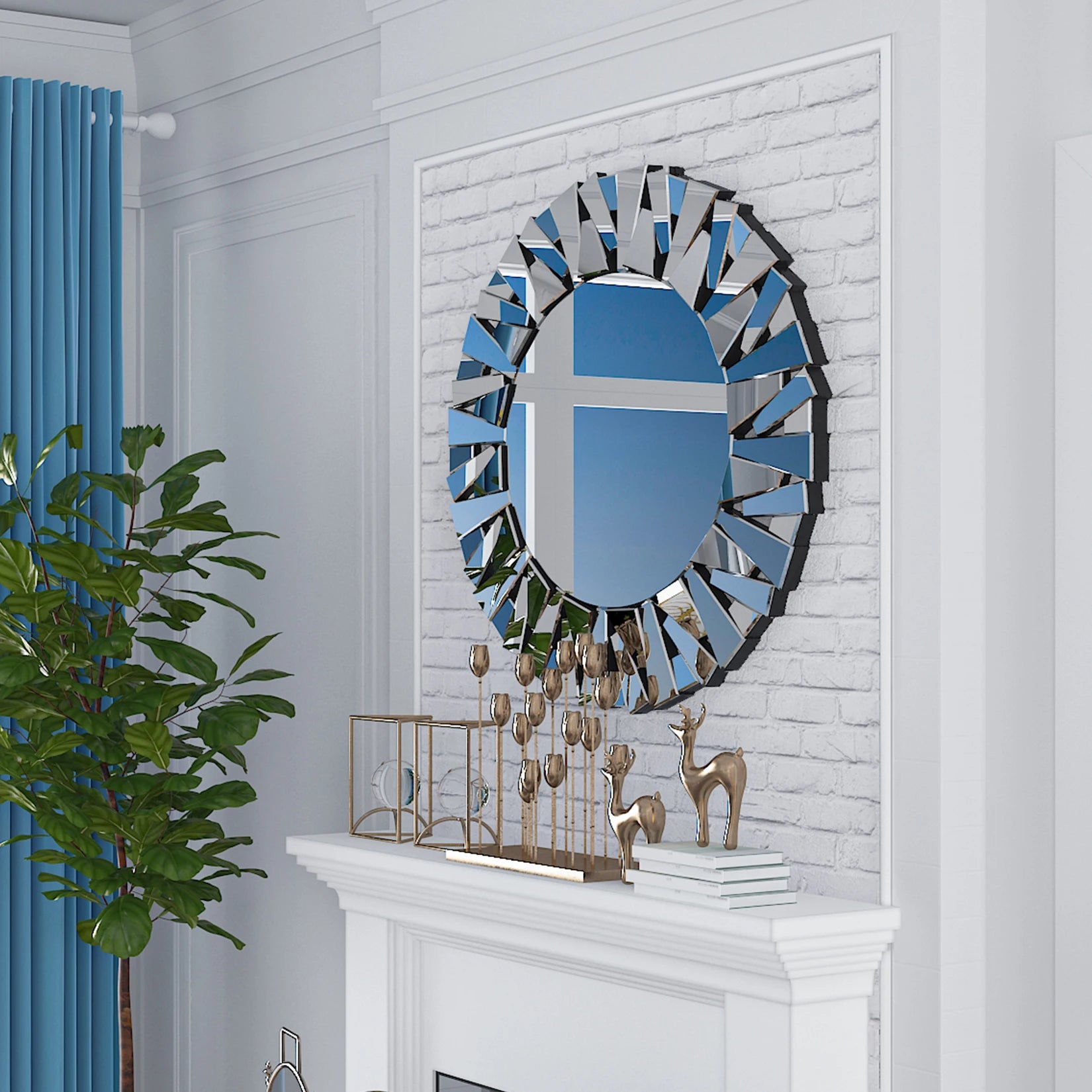 32" Wall Mirrors Decorative Round Sunburst Mirror for Wall Decor Modern Silver Glass Wall-Mounted Beveled Hanging Circle Accents - Louie's Joint 