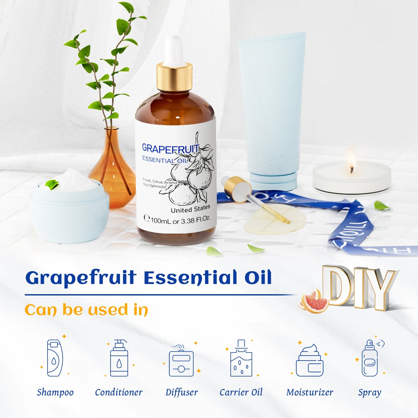 HIQILI 100ml Rose/Basil/Vanilla/Citronella/Eucalyptus Essential Oil, 100% Pure Aromatic Essence Oil, Diffuser, Humidifier, DIY