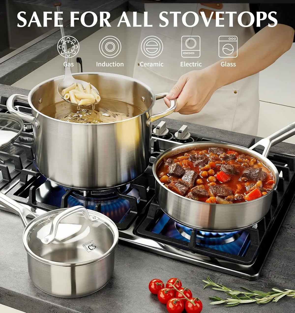 Stainless Steel Cookware Set 17 Piece, Professional 18/10 Stianless Steel Pots and Pans Set, 5-Layer Base, Oven & Induction Safe