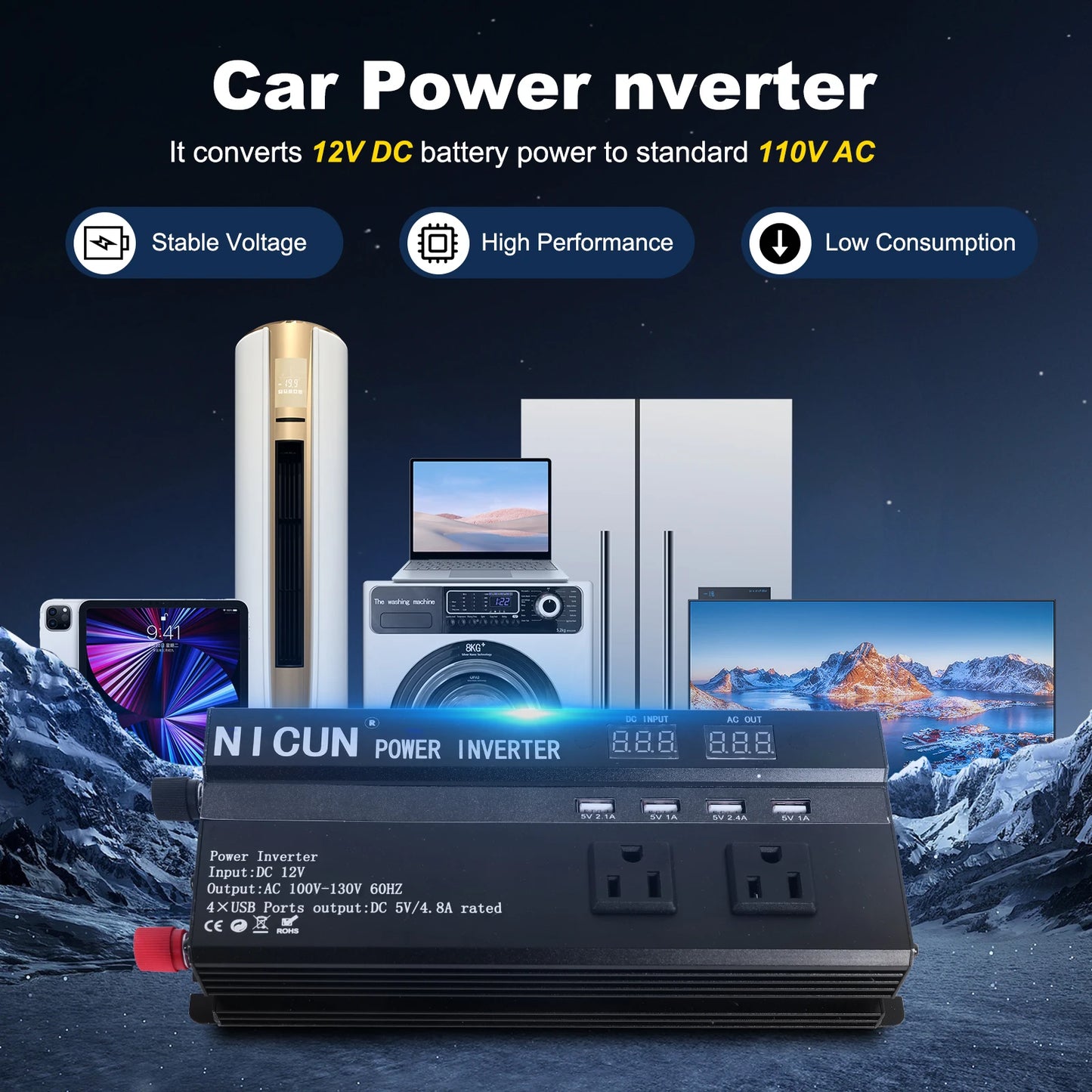 6000W Car Power Inverter DC 12V To AC 110V Pure Sine Wave Solar Power Converter 60Hz LCD Screen Display Portable Power Supply - Louie's Joint 