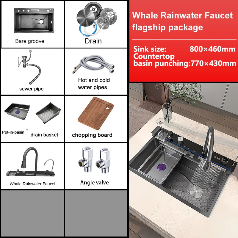 Various Waterfall Kitchen Sink Stainless Steel Multifunctional Large Single Slot Digital Display Sinks