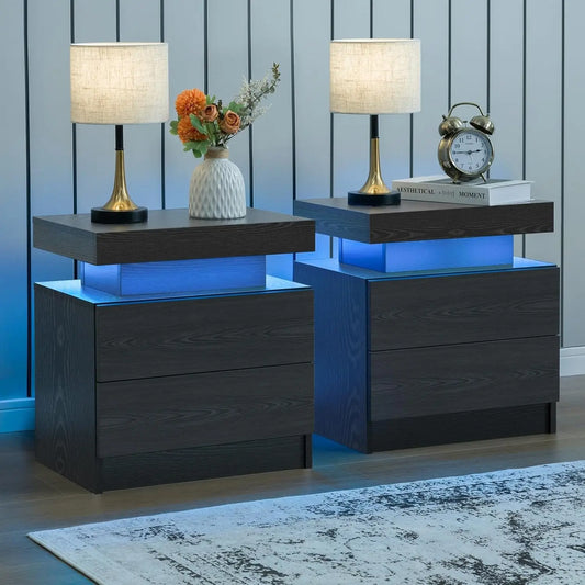Cubehom Nightstand Pair With LED Drawers Bedside Tables