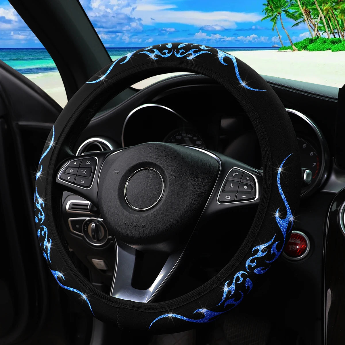 A Blingbling Flame Totem dynamic fabric car without inner ring steering wheel cover fits 14.5-15 inch automotive supplies - Louie's Joint 