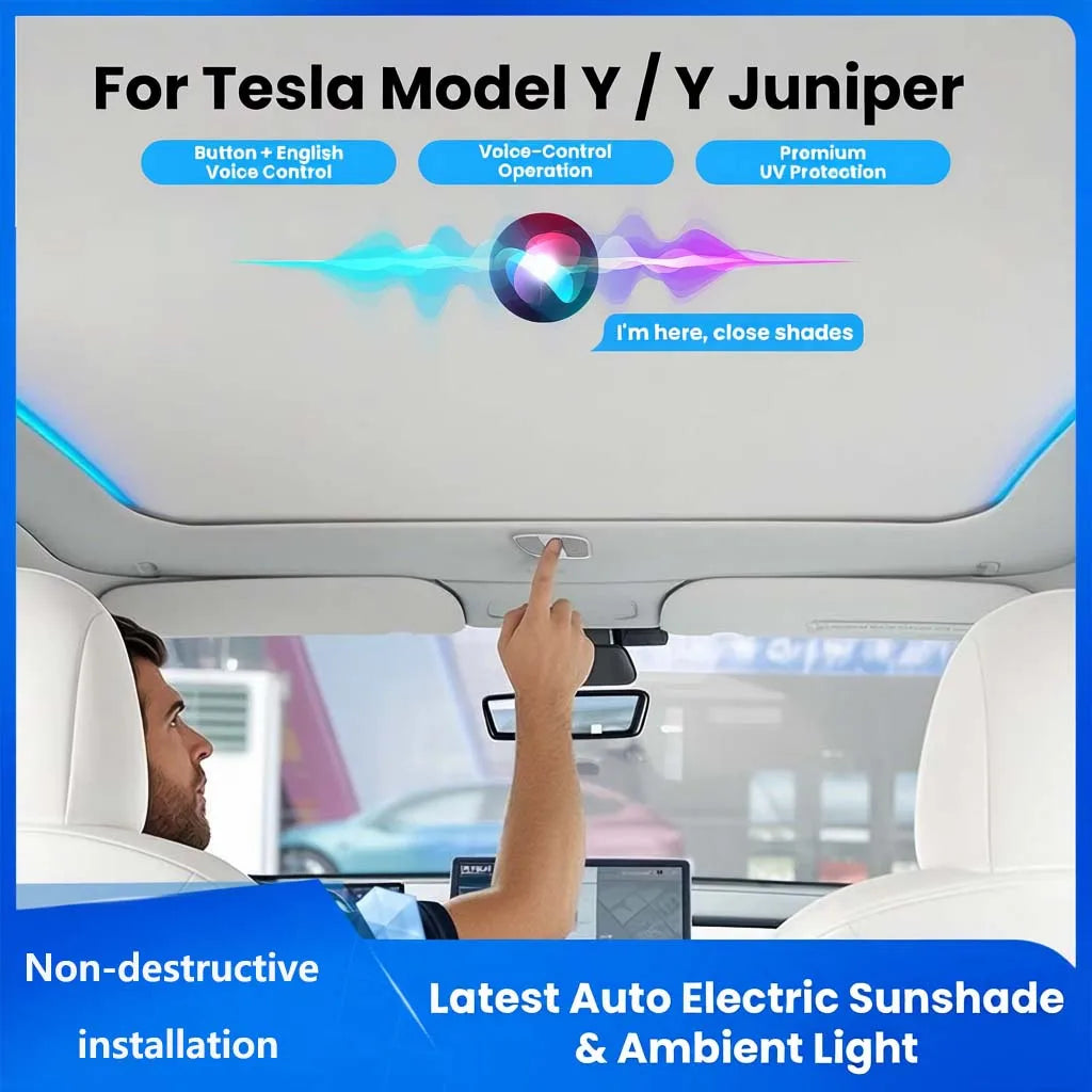 Smart Voice Control Electric Power Sunshade for Tesla Model Y/Y Juniper 2026 Integrated Retractable Sun Visor with Ambient Light - Louie's Joint 