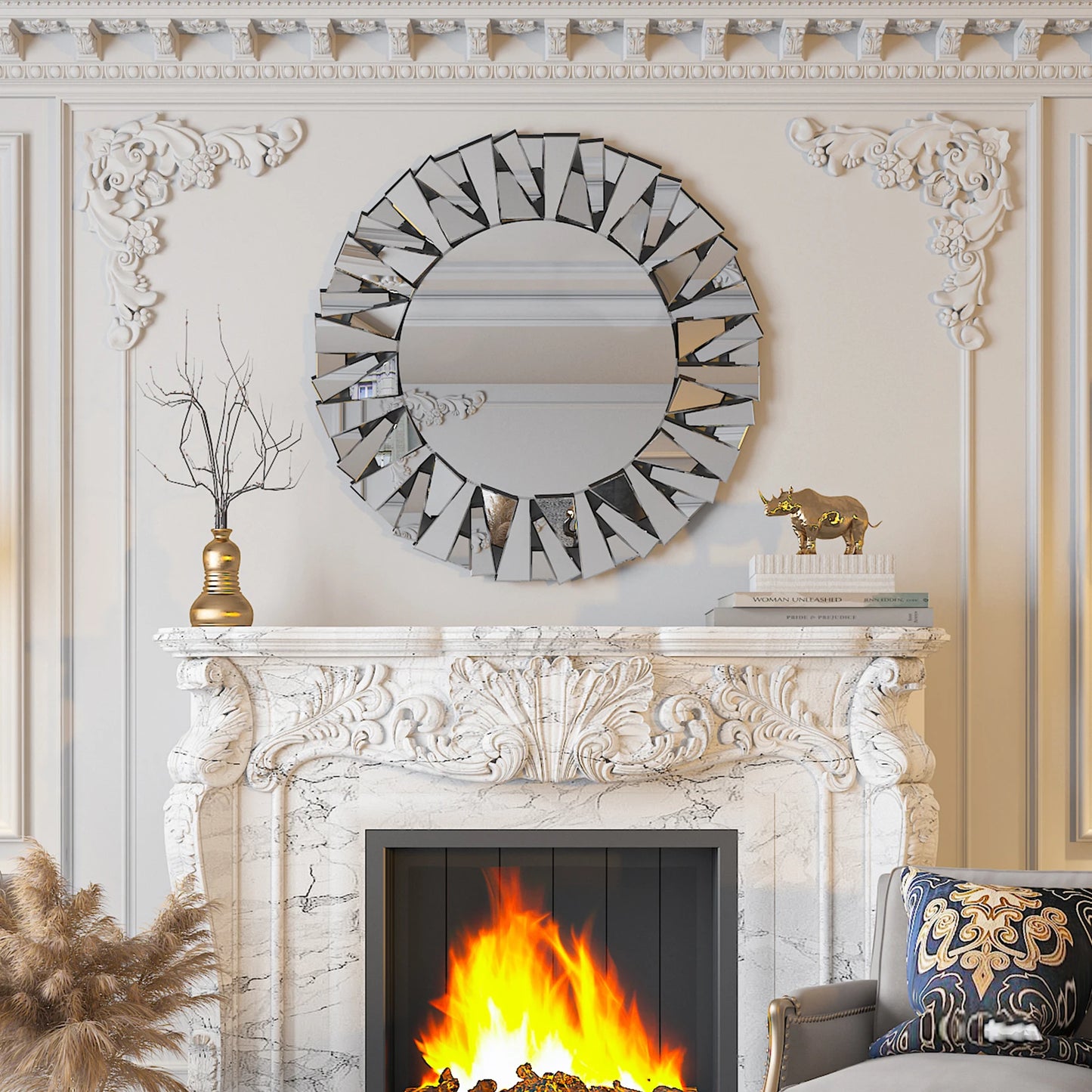 32" Wall Mirrors Decorative Round Sunburst Mirror for Wall Decor Modern Silver Glass Wall-Mounted Beveled Hanging Circle Accents - Louie's Joint 