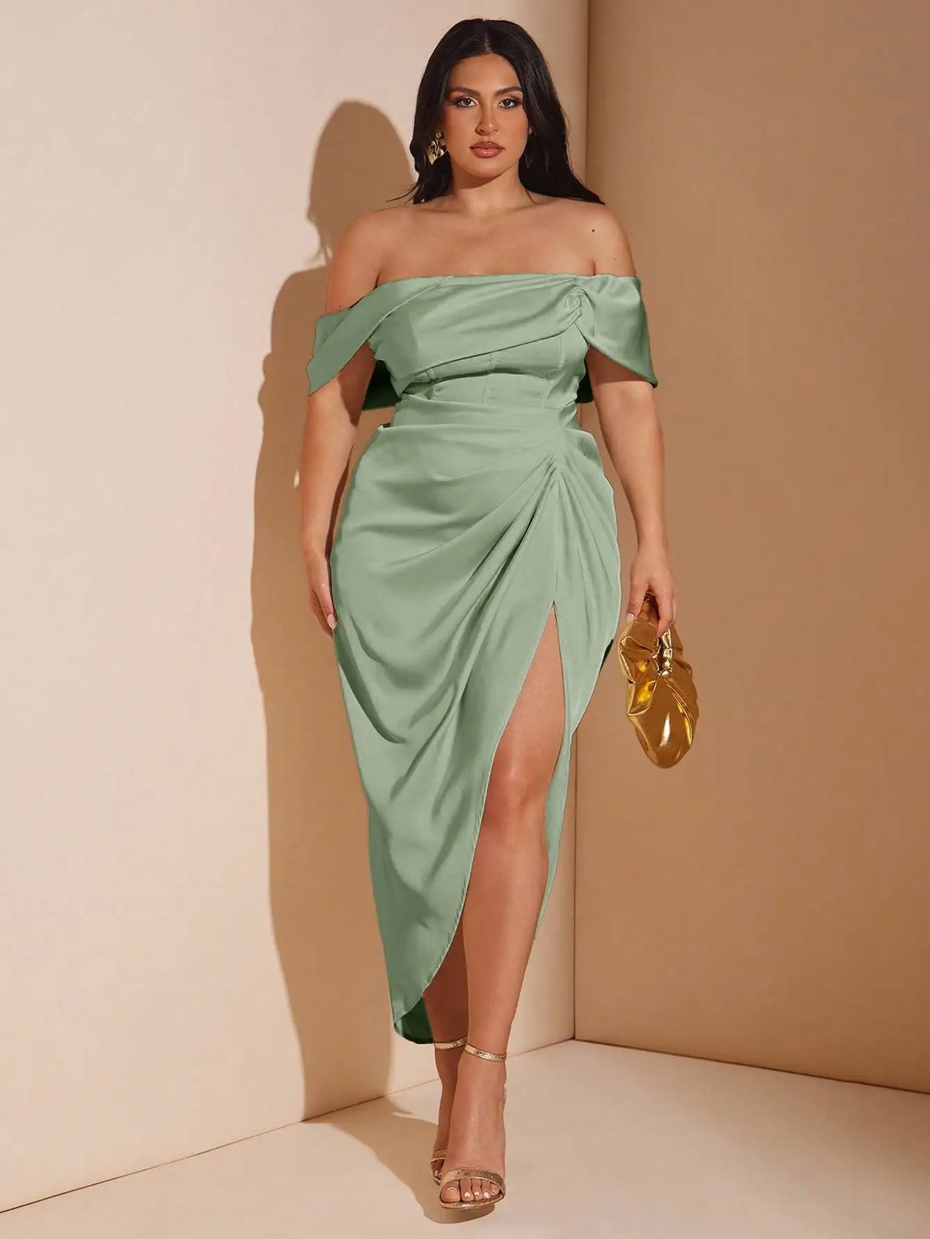 Elegant Off Shoulder Draped Satin Midi Dress For Wedding Bridesmaid