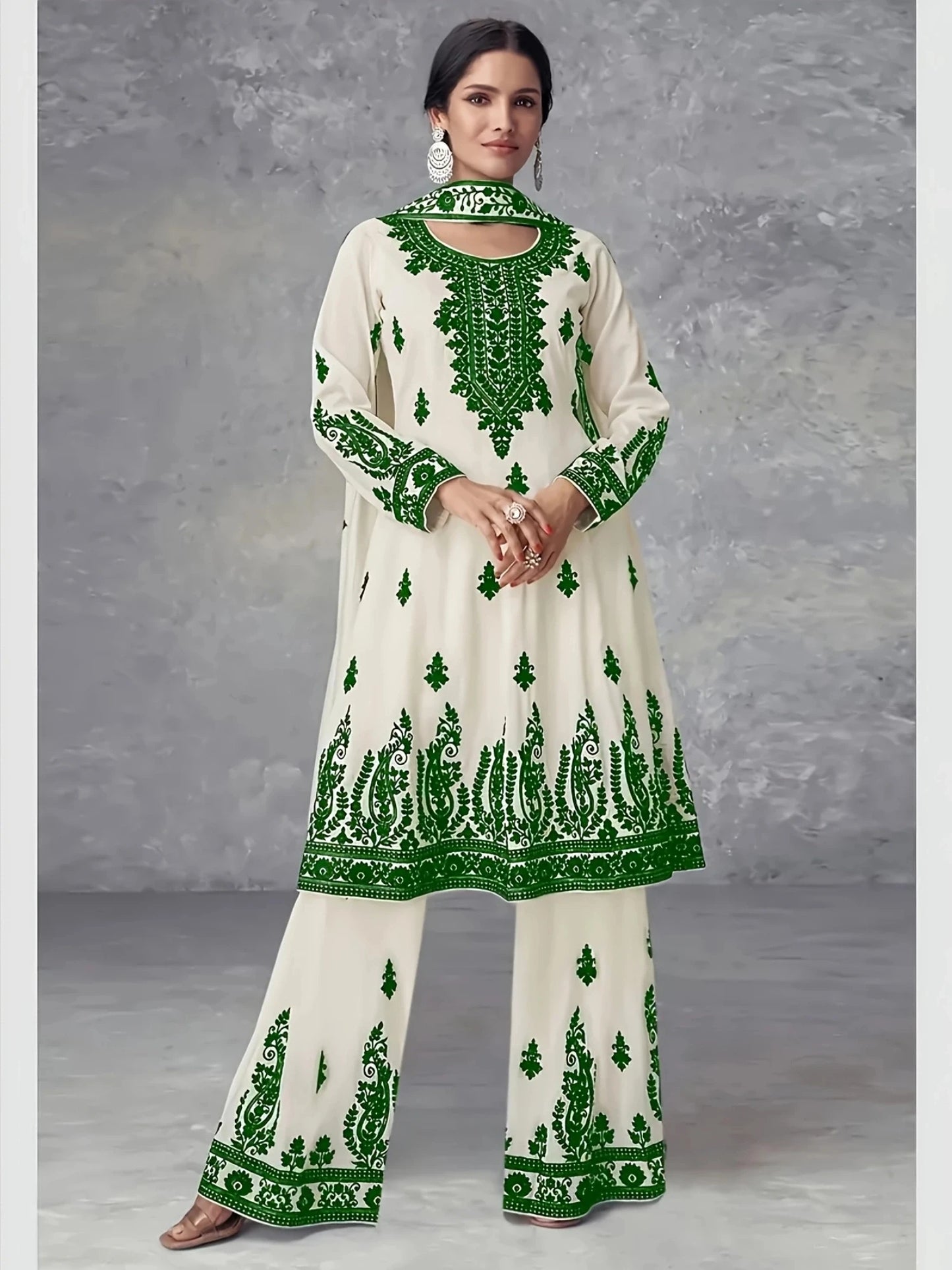 Plus Size Women's Off-White and Black Printed Three-Piece Set Ethnic Style Crew Neck Long Top Wide-Leg Pants and Headscarf Set