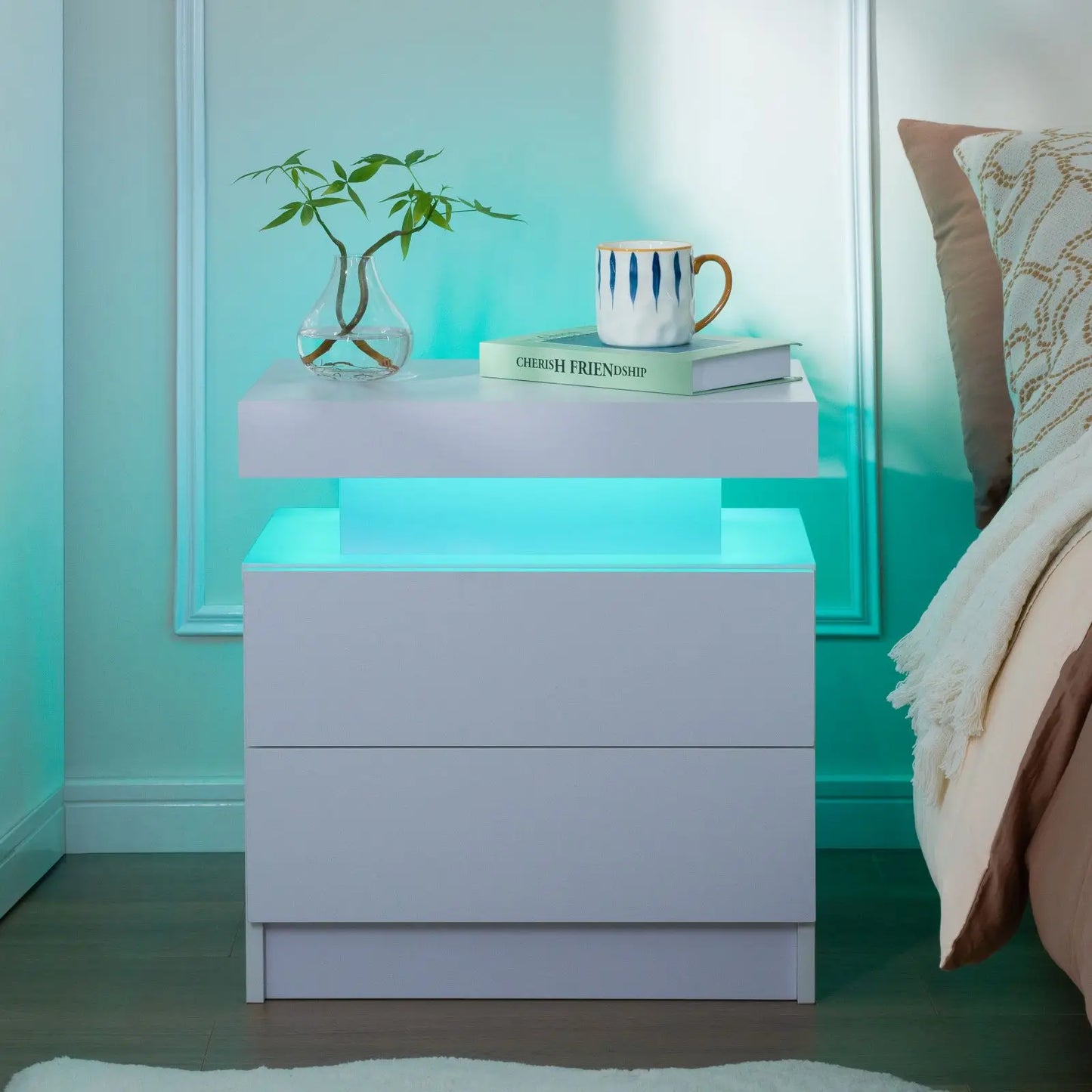 Cubehom Nightstand Pair With LED Drawers Bedside Tables